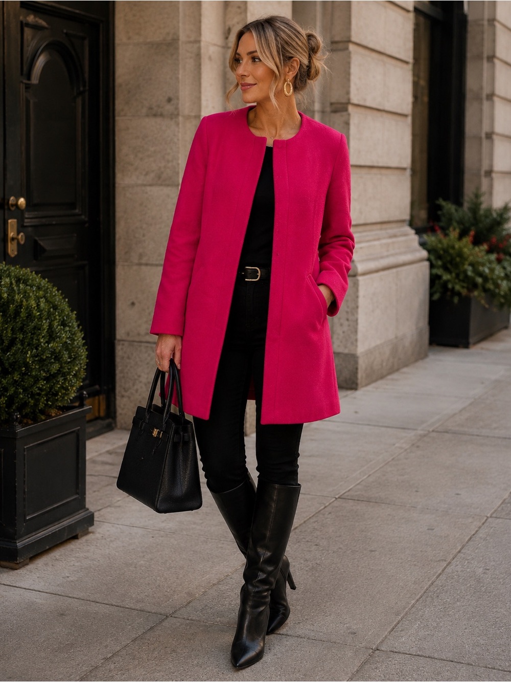 Jade Fuchsia Pink Collarless Wool Blend Coat Jacket Size M